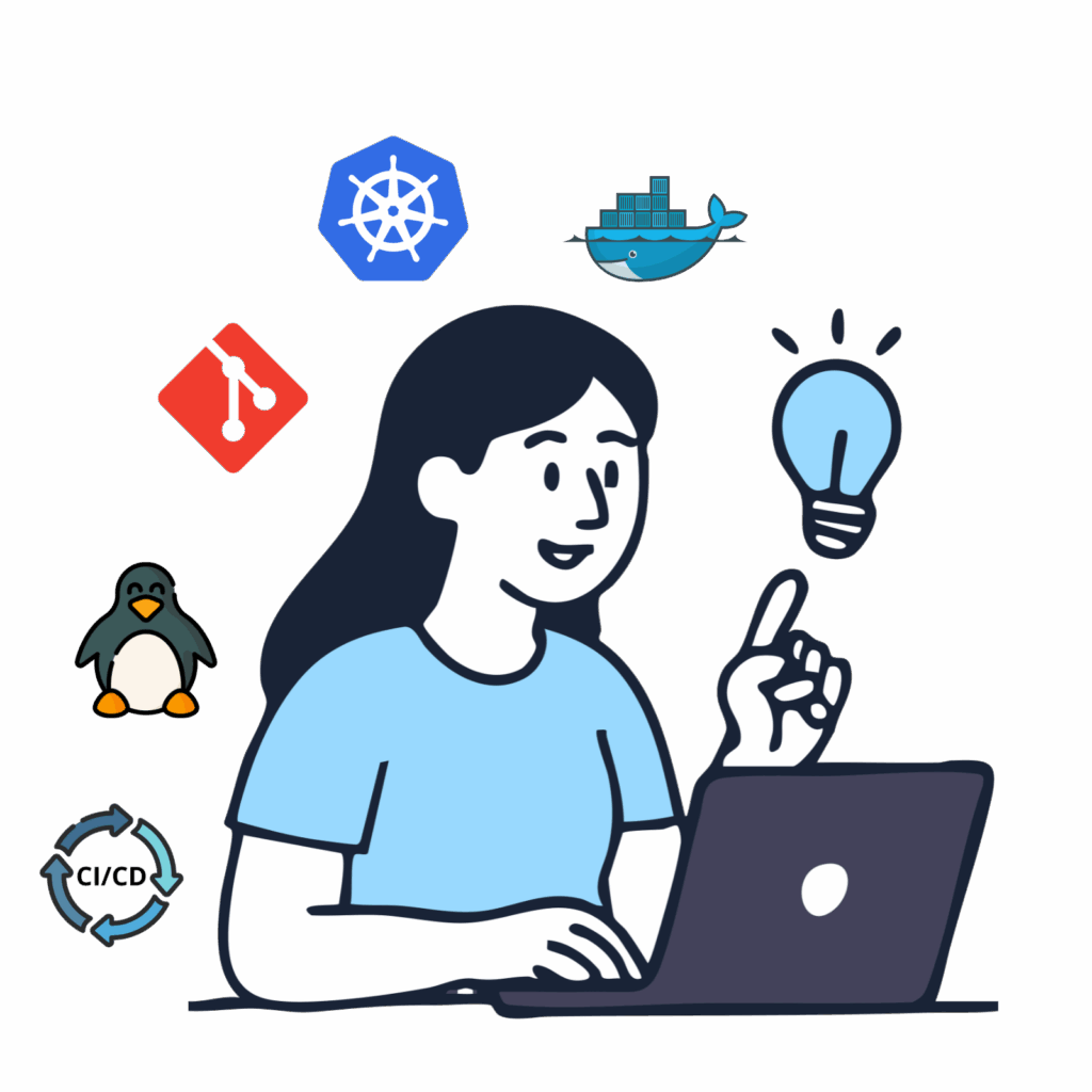 Ilustracja kobiety pracującej przy laptopie, otoczonej ikonami DevOps: Kubernetes, Docker, Git, Linux (Tux) oraz symbolem CI/CD. Kobieta podnosi palec, jakby wpadła na pomysł.